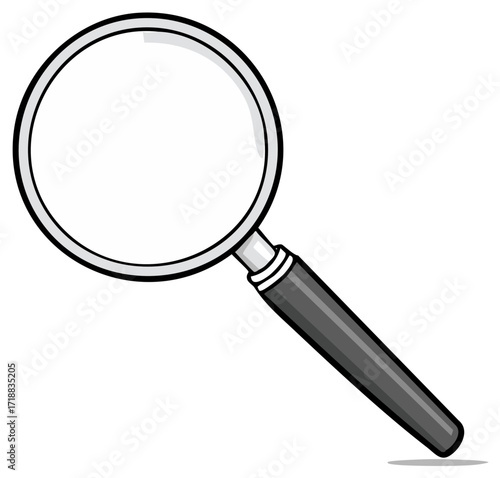 Simple magnifying glass illustration with a black handle and metal rim on a white background