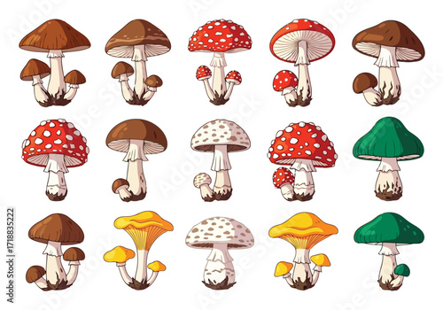 Vector illustration of illustration of collection of colorful cartoon mushrooms