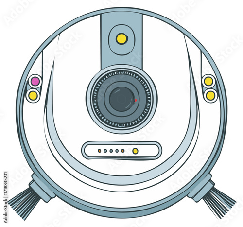 Modern robotic vacuum cleaner illustration from a top down view showing smart camera sensors and side brushes