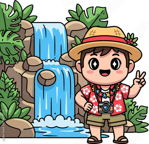 happy tourist boy explores tropical waterfall paradise, isolated on transparent background
