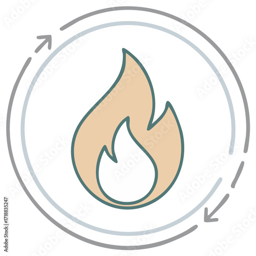 Stylized flame icon within a circular arrow cycle representing heat energy process or renewable power