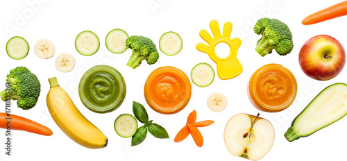 Assorted Baby Food Purees In Jars With Fresh Fruits Vegetables And A Yellow Teething Toy Isolated Transparent Background Transparent Background