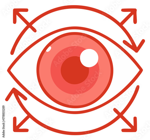 Red Eye Icon with Expanding Arrows for 360 Degree Vision and Virtual Reality Concept