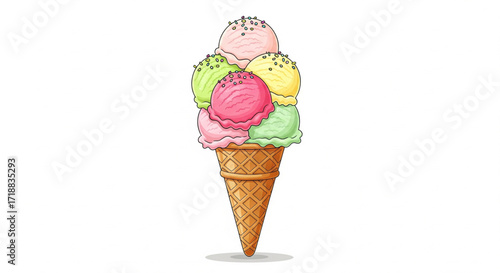 A colorful ice cream cone with four scoops of different flavored ice cream, topped with sprinkles.