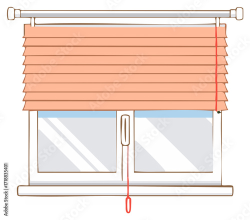 Cartoon illustration of a window with wooden blinds and a pull cord