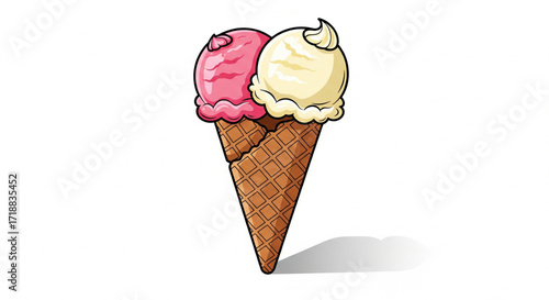 Cartoon illustration of an ice cream cone with two scoops, one pink and one vanilla, on a white background.