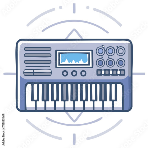 Cute Doodle Style Synthesizer Keyboard with Knobs and Buttons for Music Production