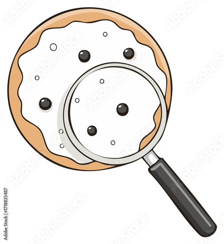 Magnifying glass examining the ingredients on a frosted sugar cookie cartoon illustration
