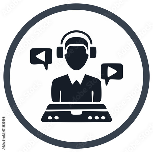 DJ and radio host glyph icon with headphones and audio mixer for broadcasting and streaming