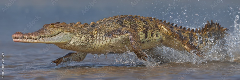 Naklejka premium Crocodile running through water
