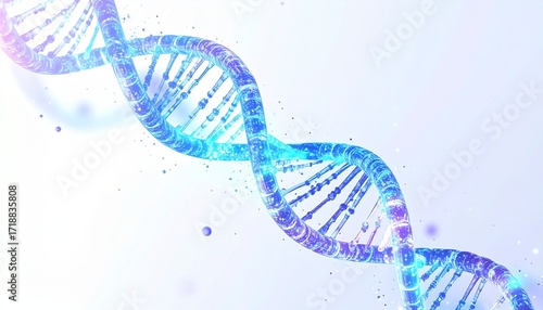 Dynamic 3D render of a futuristic glowing DNA double helix, radiating with vibrant neon blue and purple light, symbolizing genetic research and biotechnological innovation
