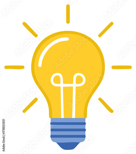 Yellow glowing lightbulb illustration with sun rays.