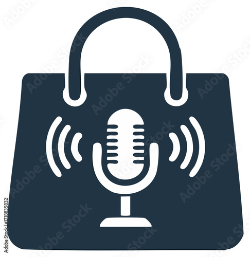 Dark blue shopping bag with a white podcast microphone and sound waves icon