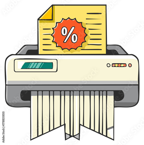 Cartoon illustration of a shredder destroying a document with a percentage sign on it.