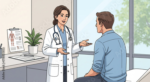 Doctor in white coat consulting with a male patient in a bright office.