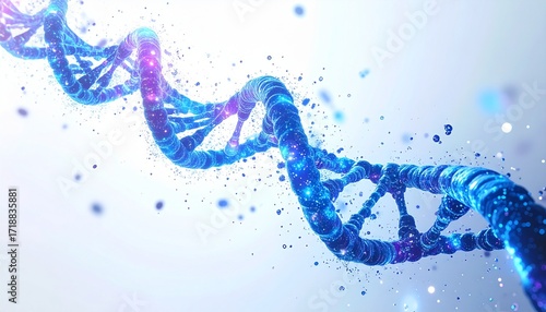 A vibrant 3D visualization of a disintegrating DNA double helix in glowing neon blue and purple, representing genetic code and biotechnology