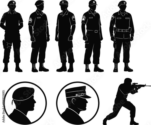Silhouette military soldiers in uniform, army officer poses, weapon aiming illustration, tactical combat training, vector graphic isolated on white background.