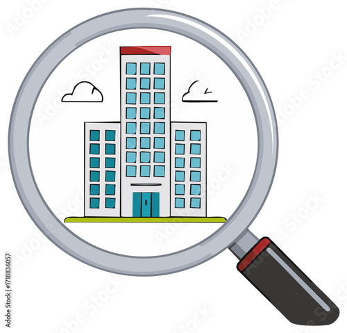 Magnifying glass with illustration of office building. Concept of search, investigate.