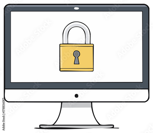 Computer monitor with padlock icon depicting digital security internet privacy and data protection