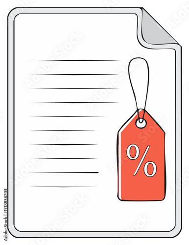 Doodle illustration of a document with lines and a red percentage tag representing sales discount and offers promotion