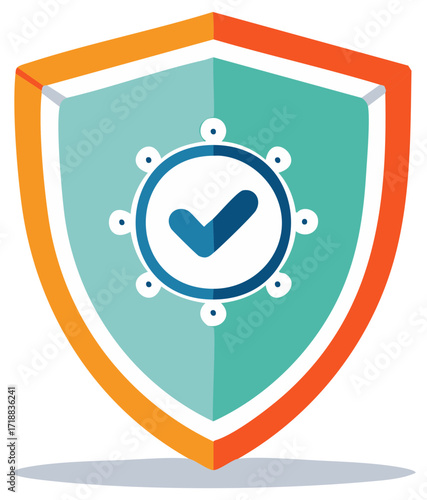 Colorful shield icon with a checkmark inside, surrounded by small circles. Represents protection, security, and validation.