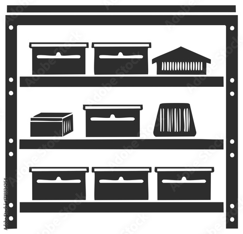 Shelves with Storage Boxes and Miniature House Objects Illustration