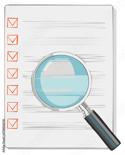 Magnifying glass over a checklist, concept of searching for information