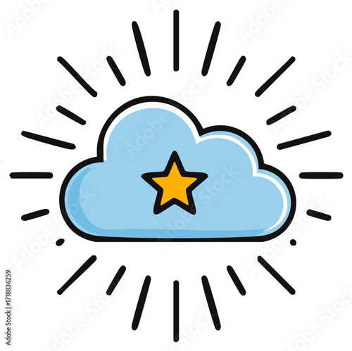 Cartoon cloud illustration with a star inside, surrounded by burst lines in blue, yellow, and black.