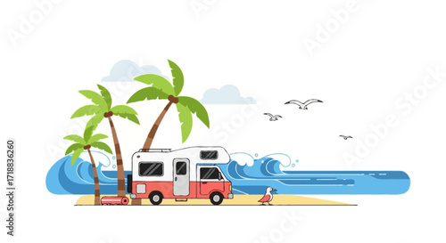A flat vector illustration of a camper van near the beach, with palm trees, blue ocean waves, and seagulls flying in the sky