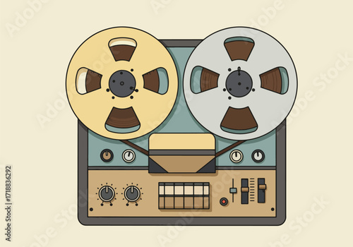 A vintage reel-to-reel tape recorder illustration with detailed knobs, dials, and spools, on a beige background.