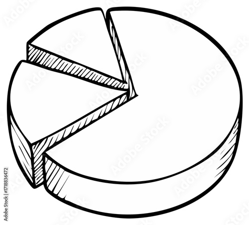 A hand drawn 3D pie chart with three slices for business reports and data visualization. Black line art sketch.
