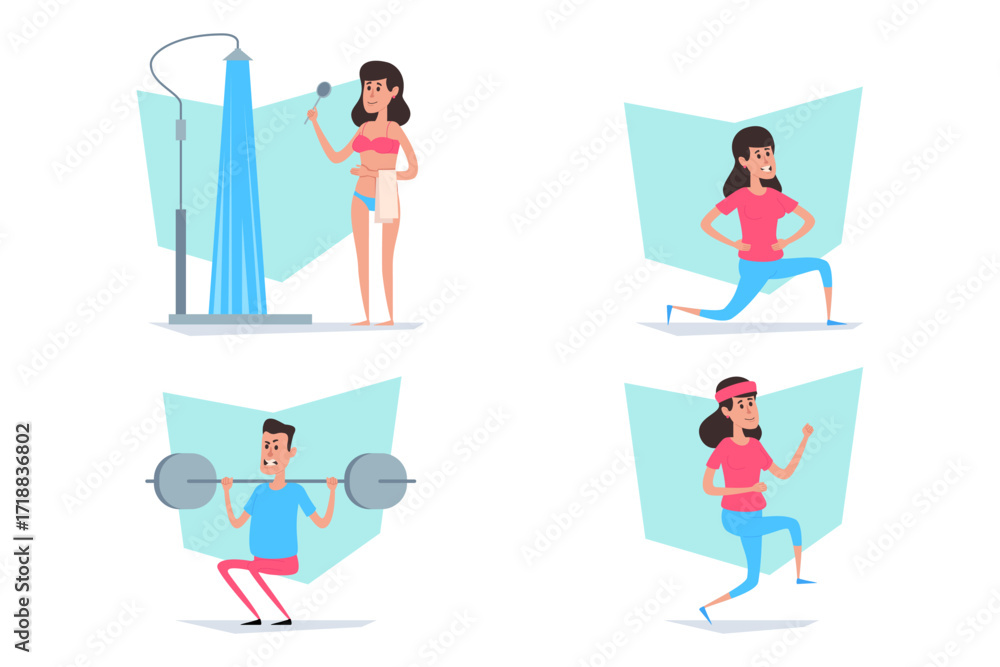 Fototapeta premium Collection of different fitness activities and personal care routines. Individuals exercising, showering, and focusing on wellness practices in bright, cheerful setting