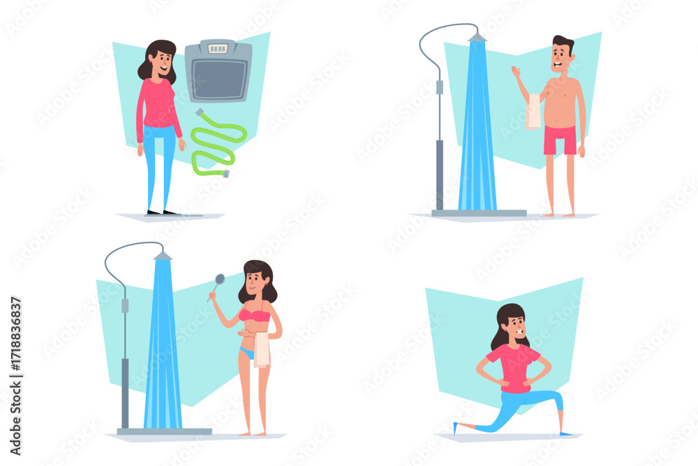 Fototapeta premium Collection of wellness activities showing individuals engaging in health improvement techniques. Various exercises and treatments highlighting focus on physical fitness and well-being