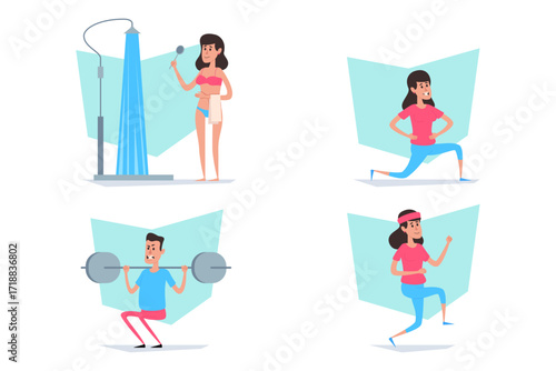 Collection of different fitness activities and personal care routines. Individuals exercising, showering, and focusing on wellness practices in bright, cheerful setting