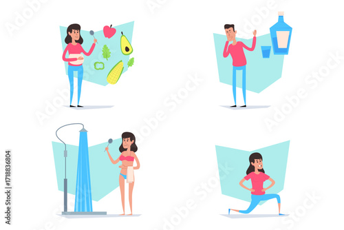 Four illustrations of healthy lifestyle. Woman holding fruits and vegetables, man feeling unwell, and woman engaging in yoga while another preparing for shower