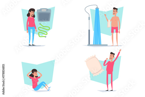 Collection of various health activities. Woman practicing exercise, man showering, another woman doing core workouts, and man enjoying relaxation at home