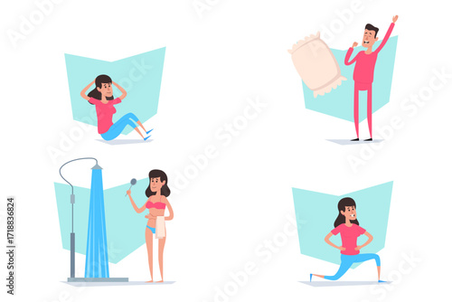 Set of various activities promoting healthy lifestyle. Individuals exercising, sleeping, showering, and stretching in playful and energetic manner. Wellness and joy concept