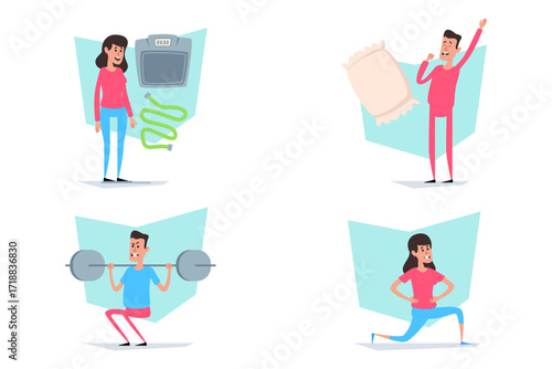 People engaged in various wellness activities, including exercise with weights, sleep routines, and using health equipment to promote balanced and healthy lifestyle