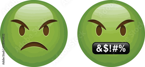 Angry face emoji and face with symbols over mouth emojis set