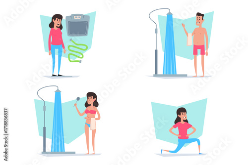 Collection of wellness activities showing individuals engaging in health improvement techniques. Various exercises and treatments highlighting focus on physical fitness and well-being