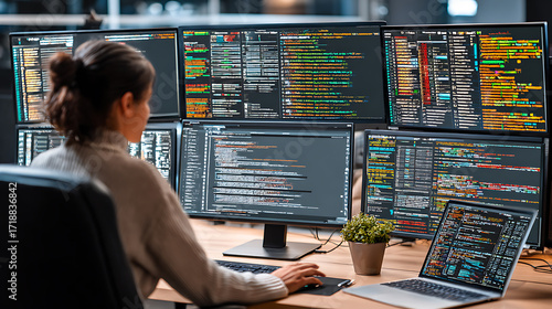 A person working at a desk with multiple computer monitors displaying lines of code and data.