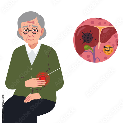 Senior woman experiencing liver pain with trapped toxins, illustrating liver disease, offering a visual for health education and awareness campaigns