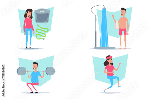 Individuals engaging in various health and fitness activities. One person using scale while another exercising with weights. Another individual taking shower after workouts