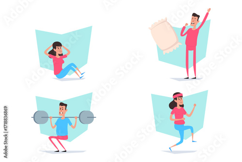 Four characters engaging in various physical activities. Sit-ups, weightlifting, and jogging. Fitness and well-being concept