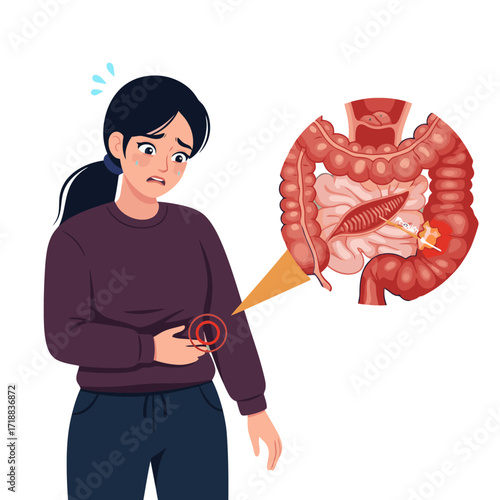 Worried woman experiencing abdominal pain with colitis inflammation, a medical illustration highlighting intestinal health issues and digestive discomfort symptoms