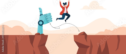 Ai assistance helps woman jump cliff gap vector illustration