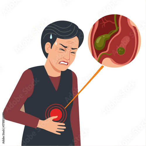 Senior woman suffering from gallbladder pain with gallstones, illustrating discomfort and the need for medical attention and treatment options for health