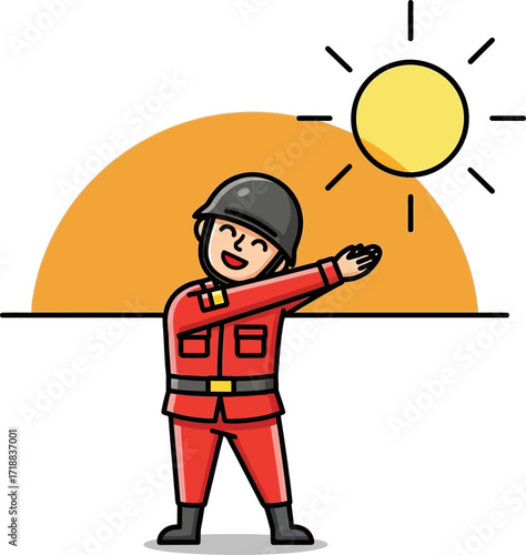 joyful soldiers sunset dab a cartoon celebration of peace, isolated on transparent background