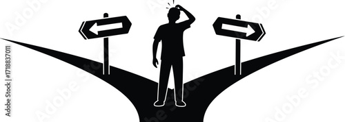 Decision making concept man at crossroads choice direction sign