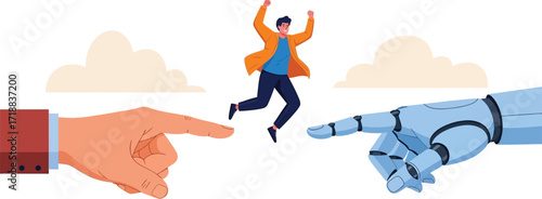 Human vs ai concept man jumping between hands illustration